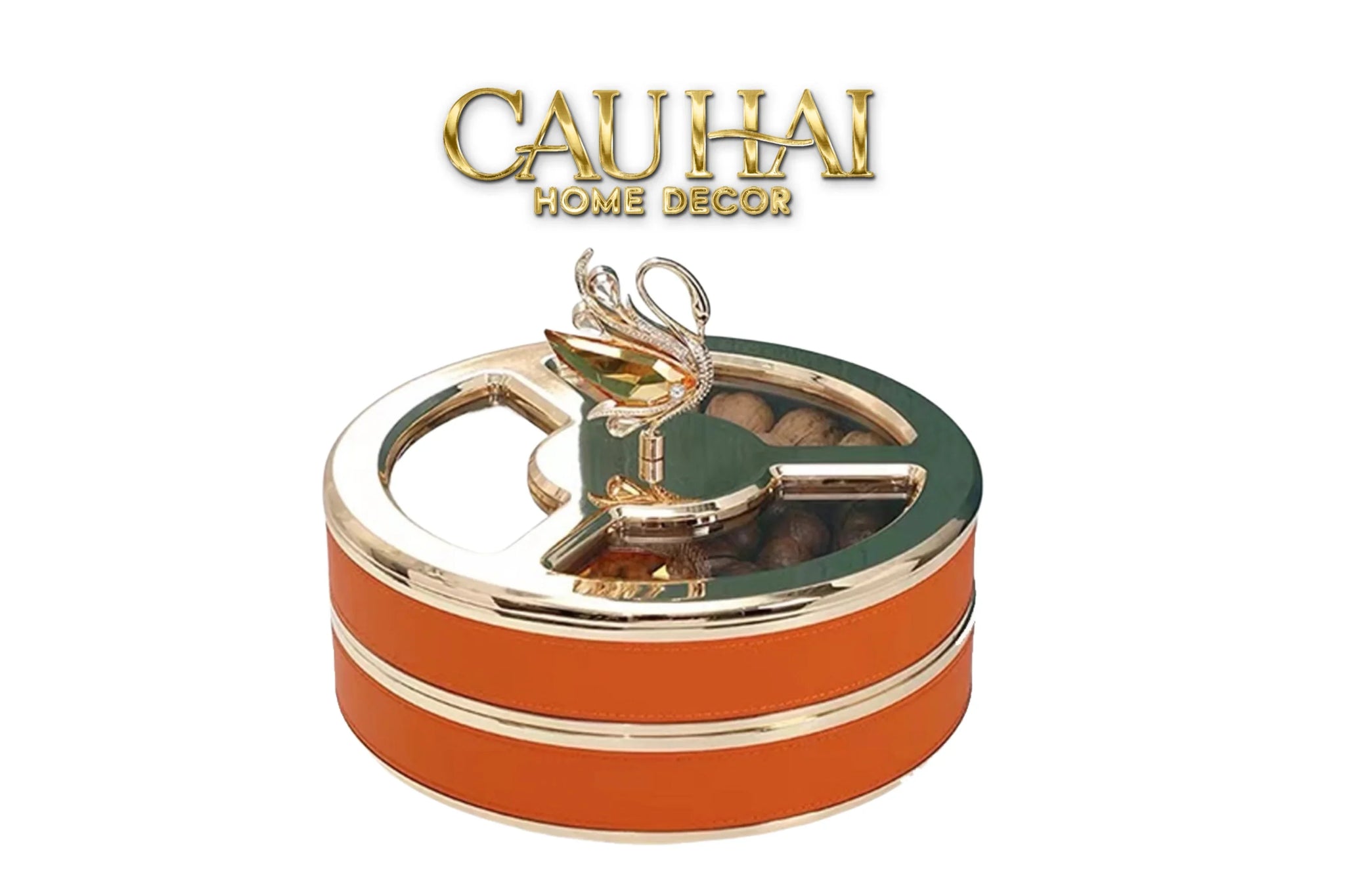 Hộp Bánh Mứt Thiên Nga 2 Tầng Jewelry Swan Solitaire Vermilion Patina 26x21-Lọ kẹo Canister Bonbonnière-CẬU HAI HOME DECOR