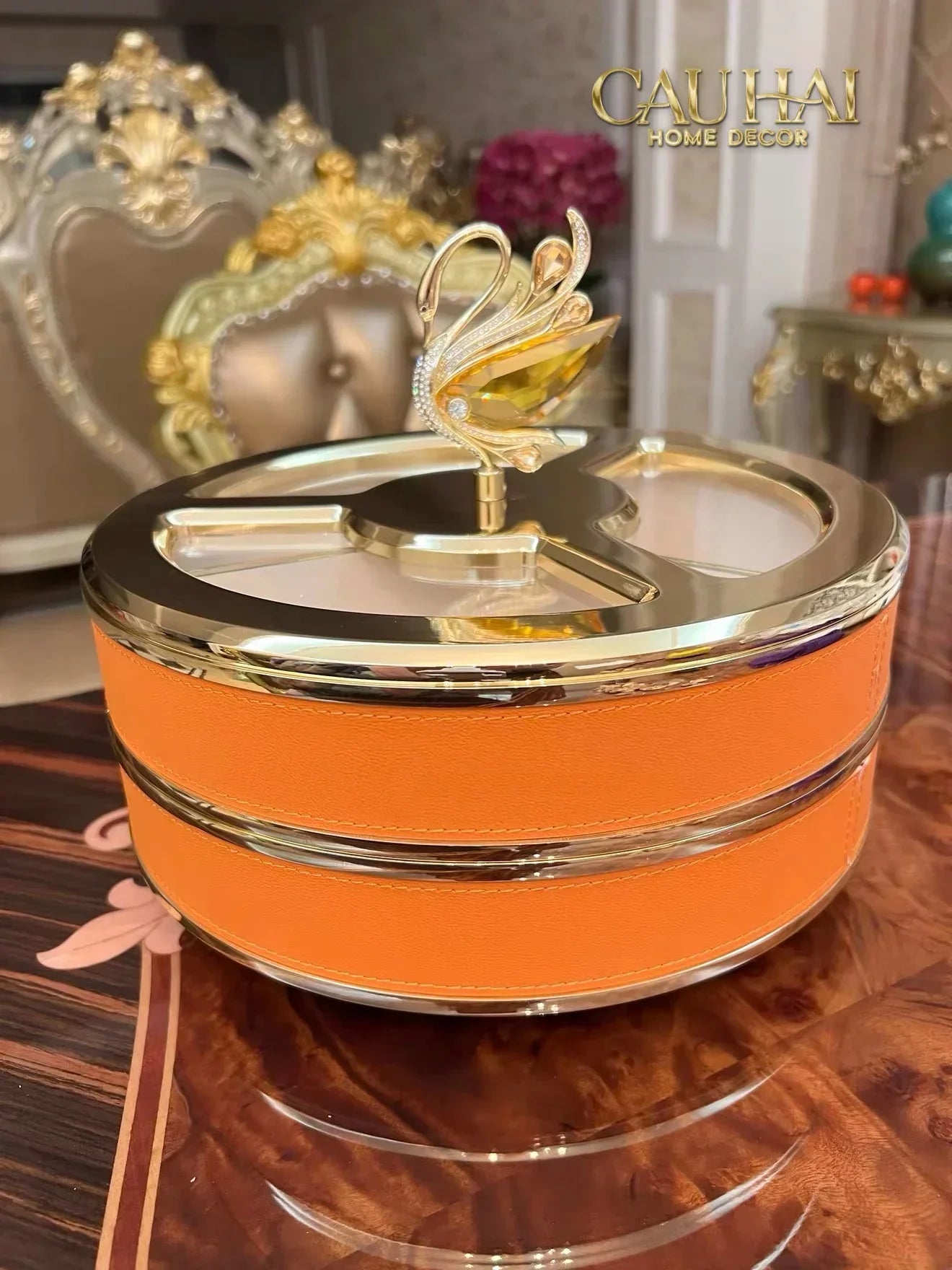 Hộp Bánh Mứt Thiên Nga Jewelry Swan Solitaire Vermilion Patina 26x17-Lọ kẹo Canister Bonbonnière-CẬU HAI HOME DECOR