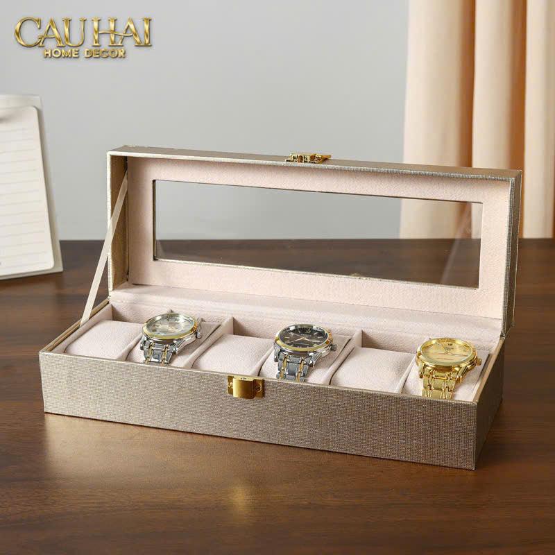 Hộp Đồng Hồ Da Glaze Champagne 6 Slots-ĐỒNG HỒ-CẬU HAI HOME DECOR