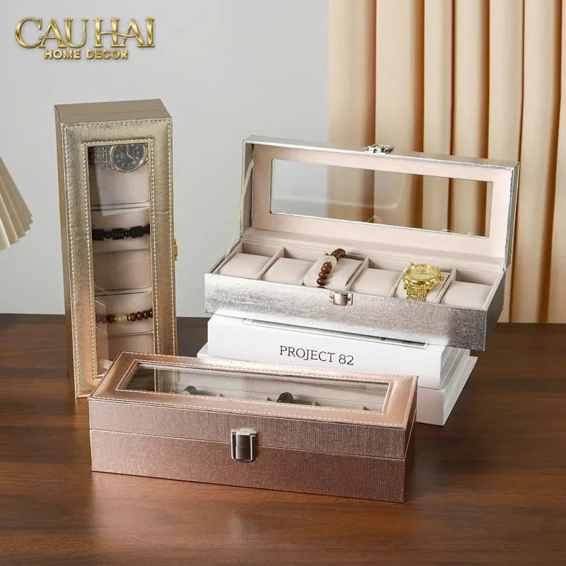 Hộp Đồng Hồ Da Glaze Champagne 6 Slots-ĐỒNG HỒ-CẬU HAI HOME DECOR