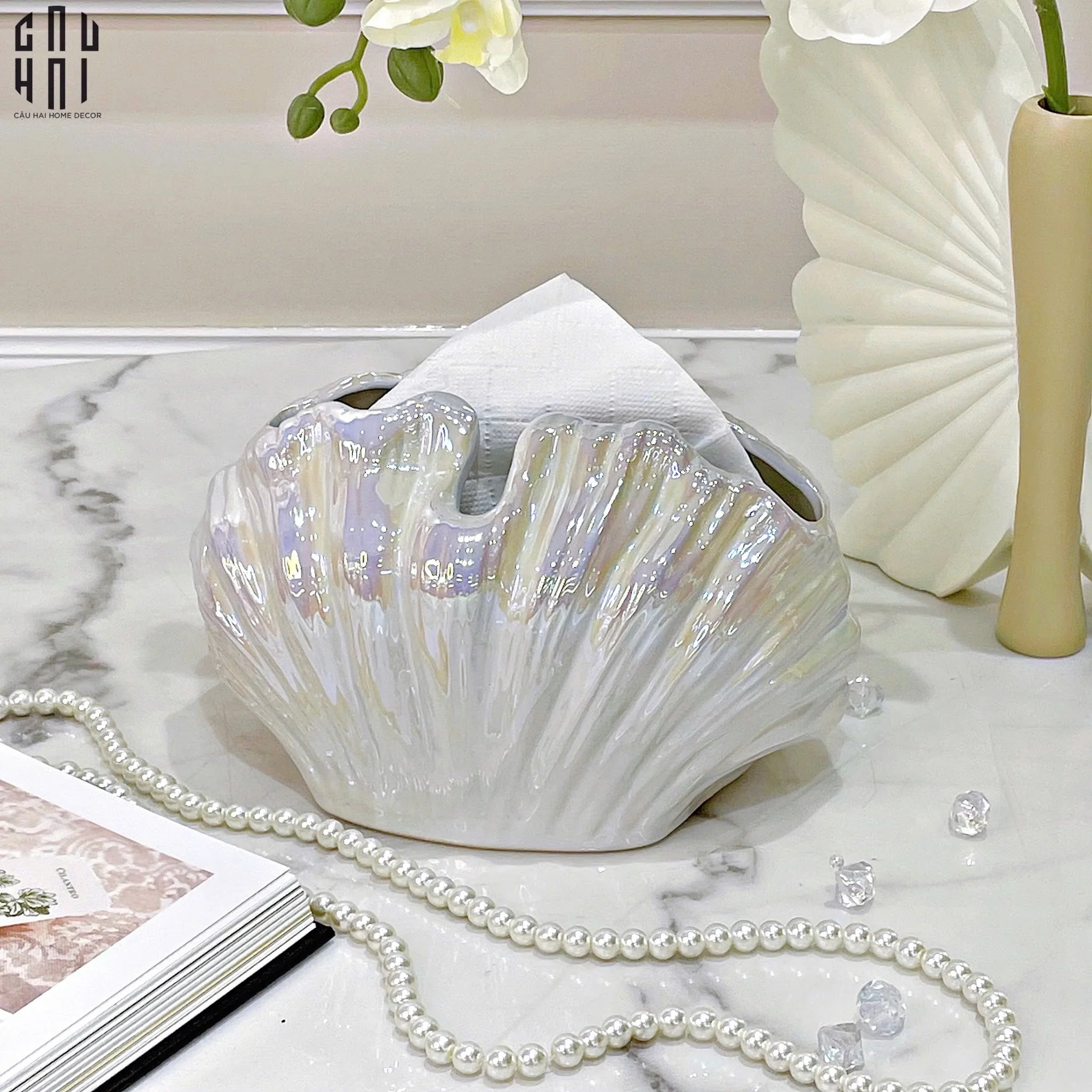 Hộp Khăn Giấy Ceramic White Seashell-HỘP KHĂN GIẤY-CẬU HAI HOME DECOR
