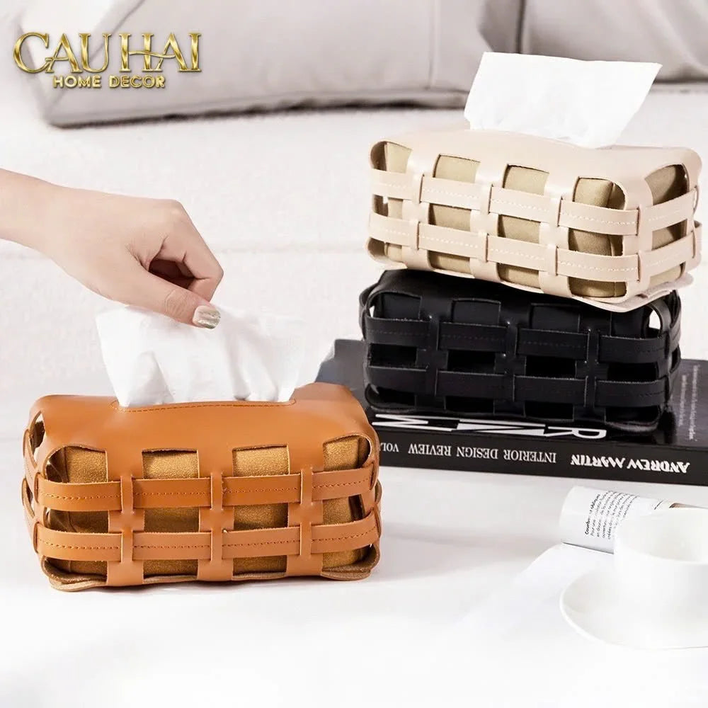 Hộp Khăn Giấy Da Đan Signature Orange Lux Leather Carré Vanity Tissue Holder-HỘP KHĂN GIẤY-CẬU HAI HOME DECOR