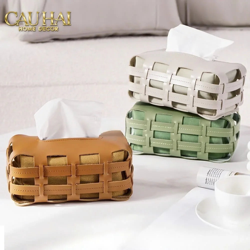 Hộp Khăn Giấy Da Đan Signature Orange Lux Leather Carré Vanity Tissue Holder-HỘP KHĂN GIẤY-CẬU HAI HOME DECOR