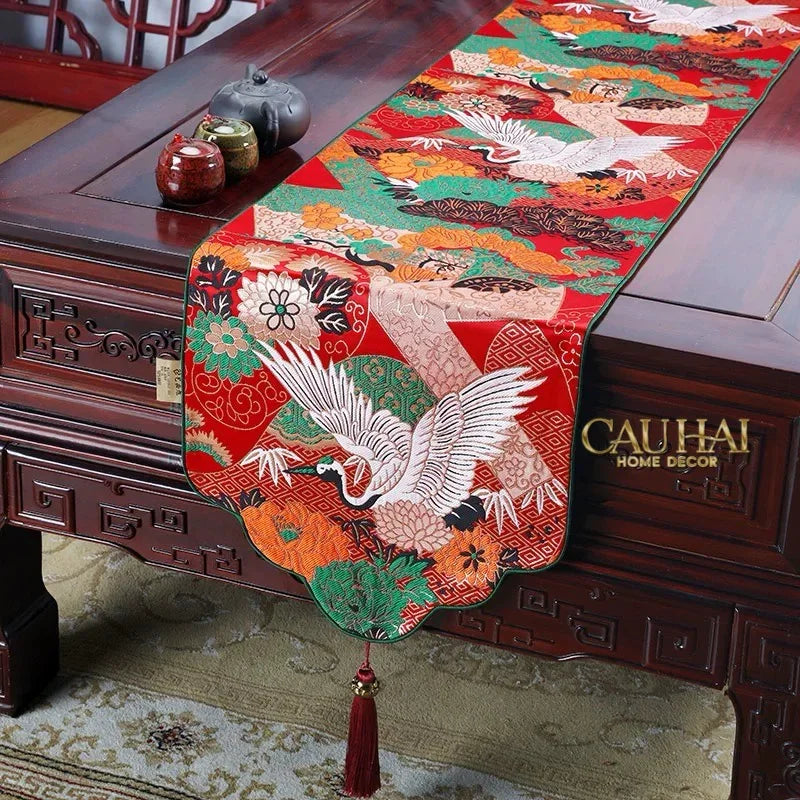 Khăn Trải Bàn Gấm Hoa Tiên Hạc Table Runner 33x200-KHĂN TRẢI BÀN-CẬU HAI HOME DECOR