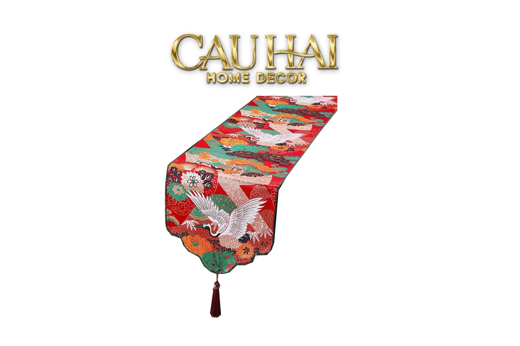 Khăn Trải Bàn Gấm Hoa Tiên Hạc Table Runner 33x200-KHĂN TRẢI BÀN-CẬU HAI HOME DECOR