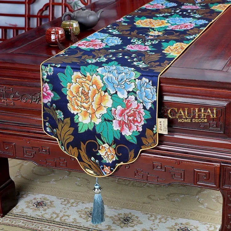Khăn Trải Bàn Gấm Mẫu Đơn Hoa Table Runner 33x200cm-KHĂN TRẢI BÀN-CẬU HAI HOME DECOR