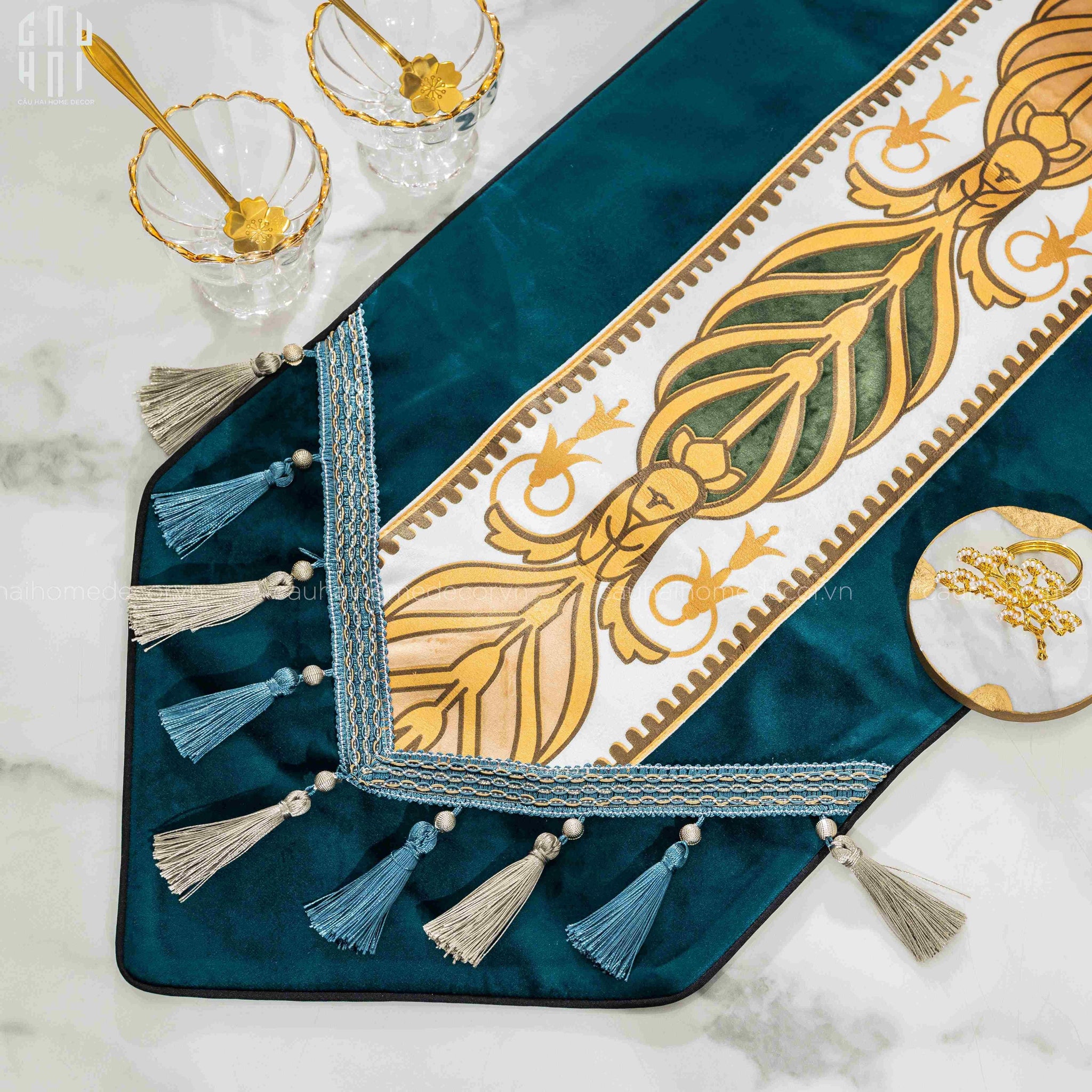 Khăn Trải Bàn Nhung Teal Velvet Mixology Thalia 1M6 Couture Velour Table Runner-KHĂN TRẢI BÀN-CẬU HAI HOME DECOR
