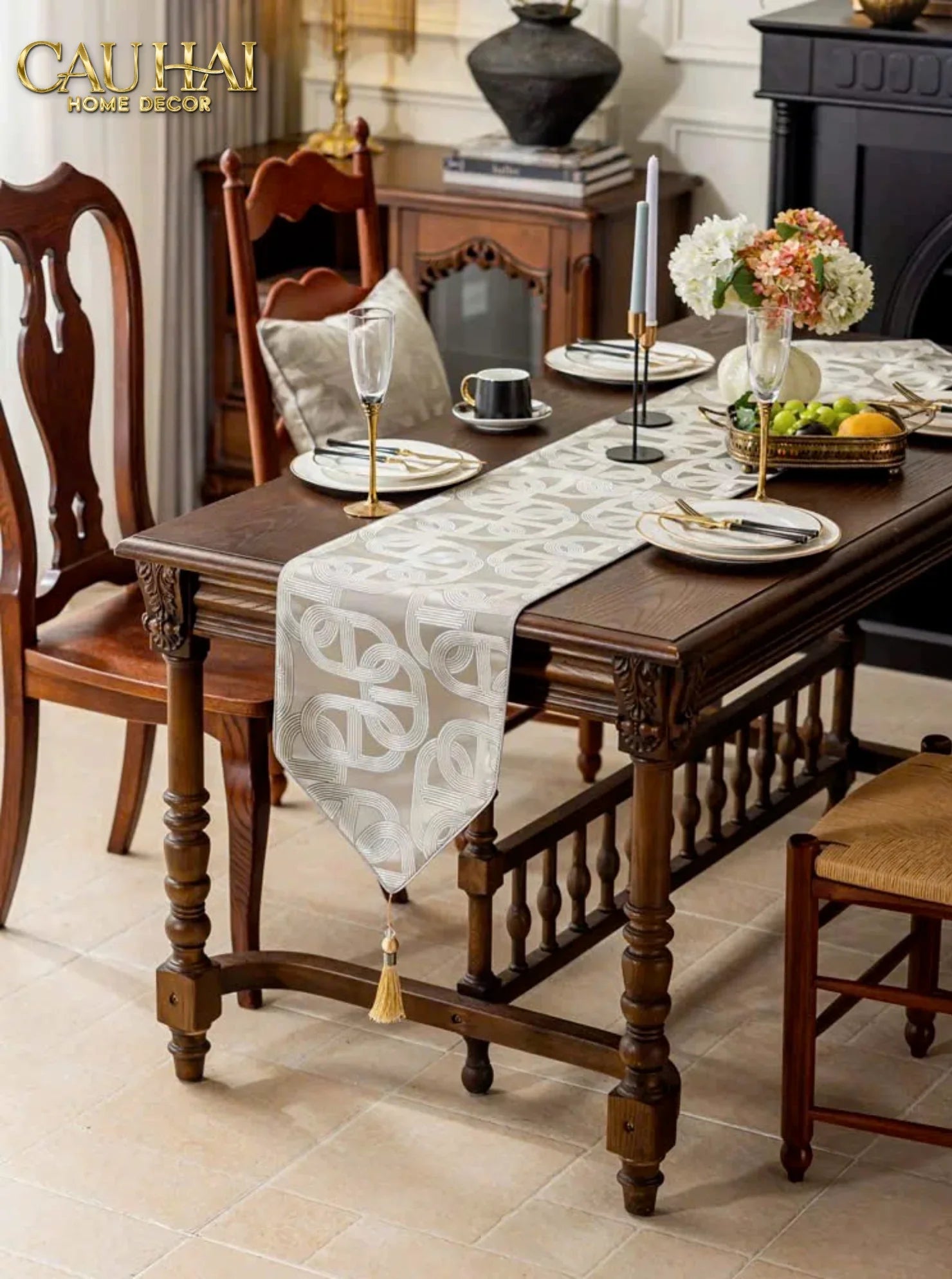 Khăn Trải Bàn - Satin Chaîne D’Ancre Gris Table Runner 32X240-KHĂN TRẢI BÀN-CẬU HAI HOME DECOR