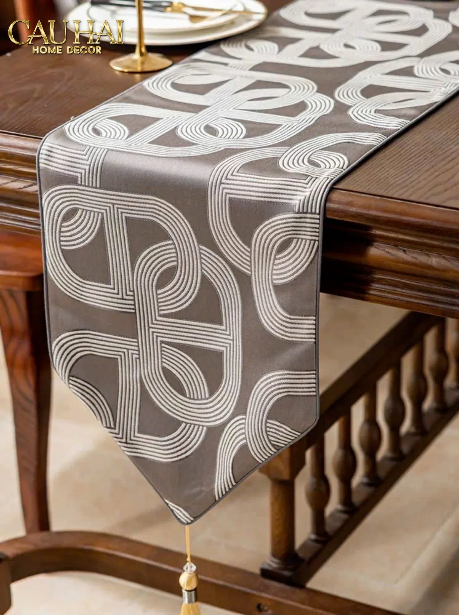 Khăn Trải Bàn - Satin Chaîne D’Ancre Gris Table Runner 32X240-KHĂN TRẢI BÀN-CẬU HAI HOME DECOR