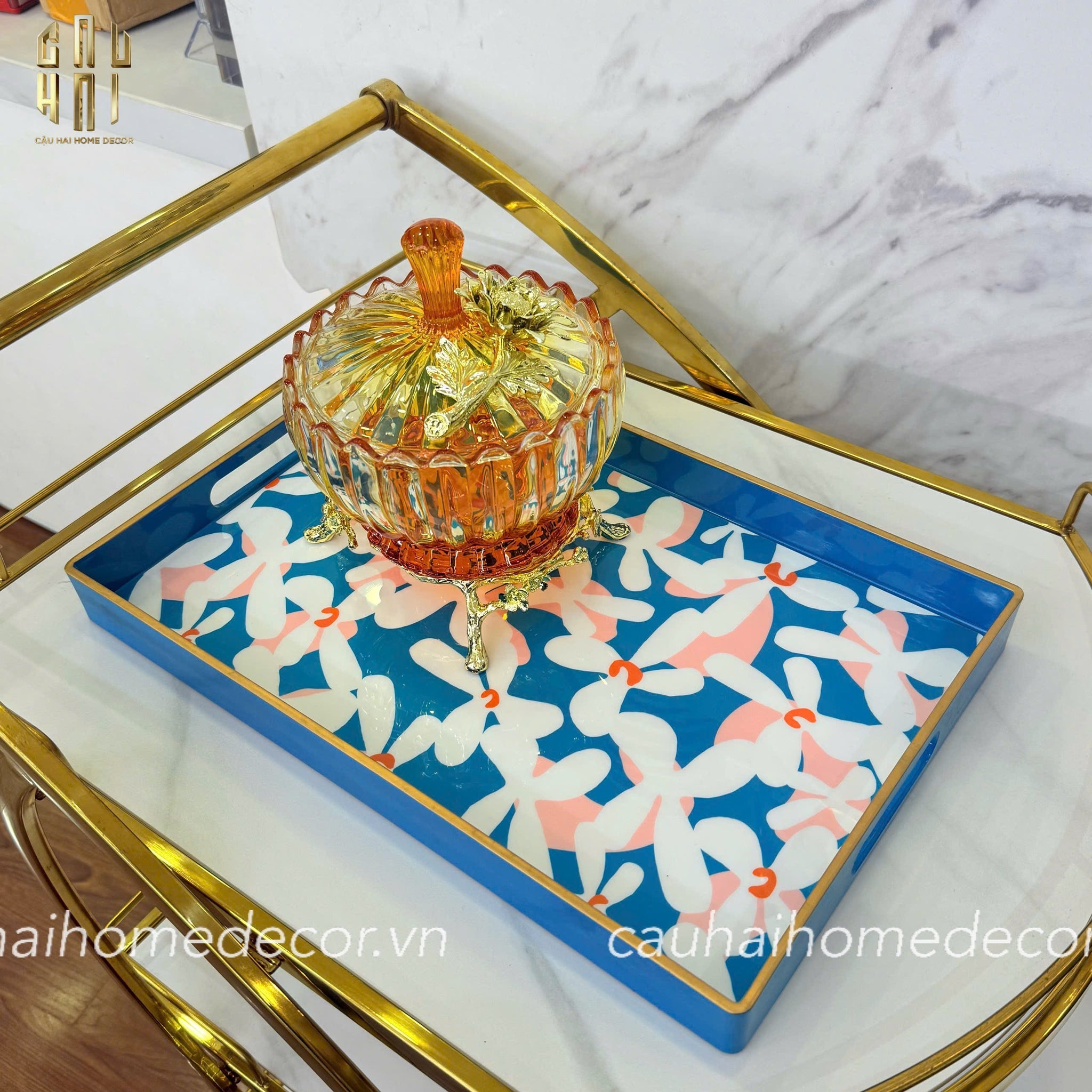 Khay Acrylic Chữ Nhật Azure Floral in Bloom Decoratives Trays 26x40x5-KHAY TRANG TRÍ-CẬU HAI HOME DECOR