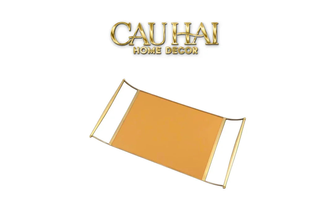 Khay Da Chữ Nhật 2 Tay Cầm - Curves Handles Orange Leather Linea Dorée Tray 53x30cm-CẬU HAI HOME DECOR