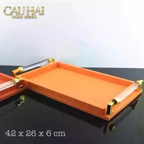 Khay Da Chữ Nhật Amber Touch Acrylic Handles Signature Sienna Leather Trays 42x26cm-CẬU HAI HOME DECOR
