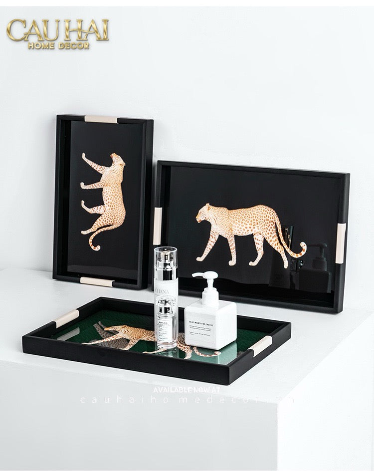 Khay Gỗ Chữ Nhật Đen Hoạ Tiết Báo Đốm Ecartier - Noir Leopard Decorative Trays 38.4x26x3-KHAY TRANG TRÍ-CẬU HAI HOME DECOR-CẬU HAI HOME DECOR