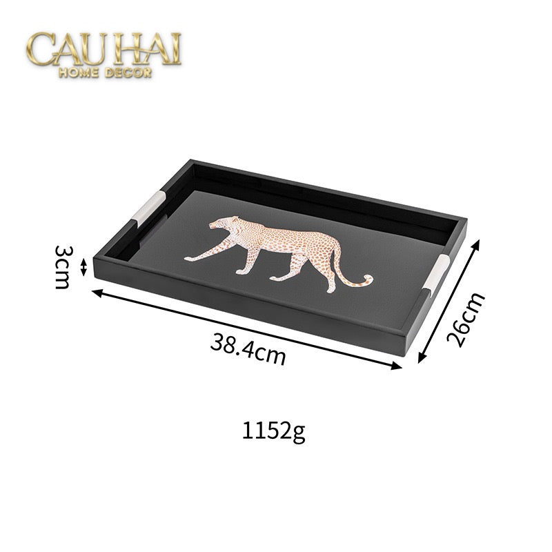 Khay Gỗ Chữ Nhật Đen Hoạ Tiết Báo Đốm Ecartier - Noir Leopard Decorative Trays 38.4x26x3-CẬU HAI HOME DECOR