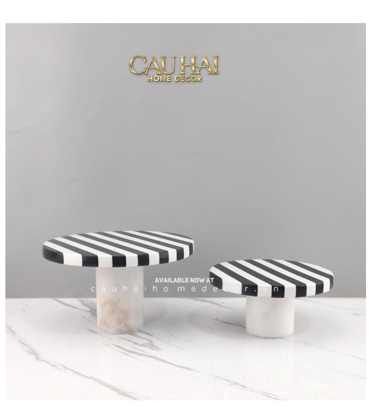 Khay Tròn Đế Bánh Đá Marble - Rayé Reflexion Blanc Noir Marble Cake Stand Display Trays 20x10 25x15-CẬU HAI HOME DECOR