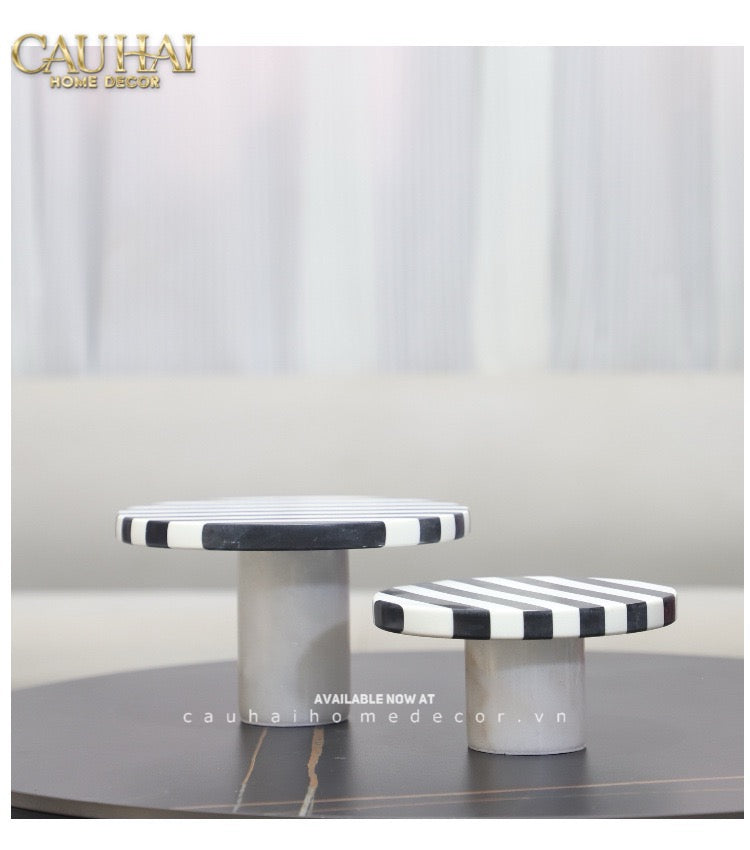 Khay Tròn Đế Bánh Đá Marble - Rayé Reflexion Blanc Noir Marble Cake Stand Display Trays 20x10 25x15-CẬU HAI HOME DECOR