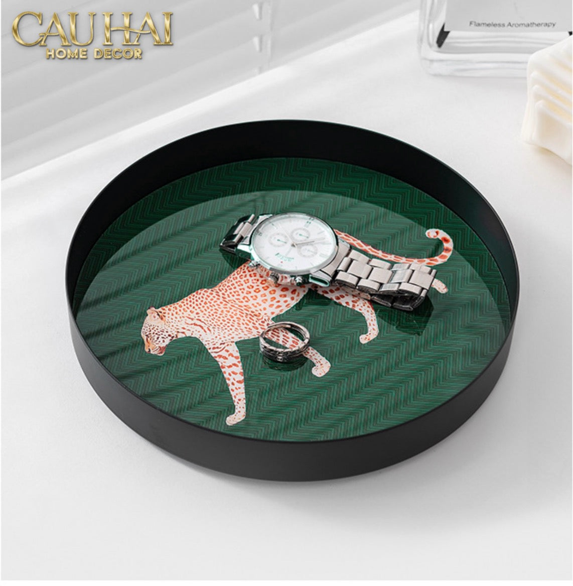 Khay Tròn Mặt Acrylic Báo Đốm Emerald Leopard Écartier Ronde Decorative Trays 30x30x2.7-CẬU HAI HOME DECOR