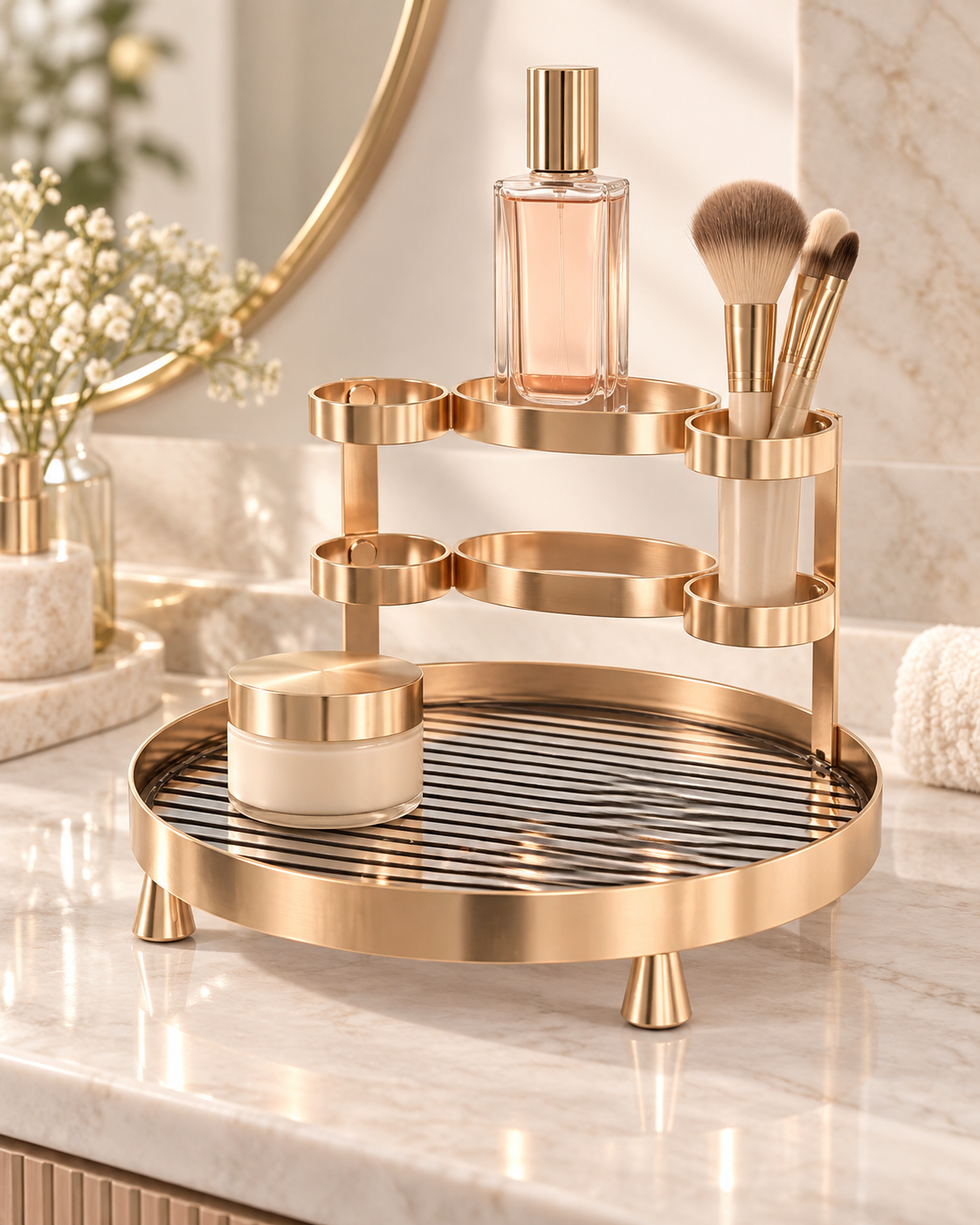Khay Tròn Phòng Tắm Bàn Trang Điểm - Champagne Luxe - Waterproof Vanity Organizers 23cm-KHAY TRANG TRÍ-Đối tác tại Trung Quốc theo từng đơn đặt hàng-CẬU HAI HOME DECOR