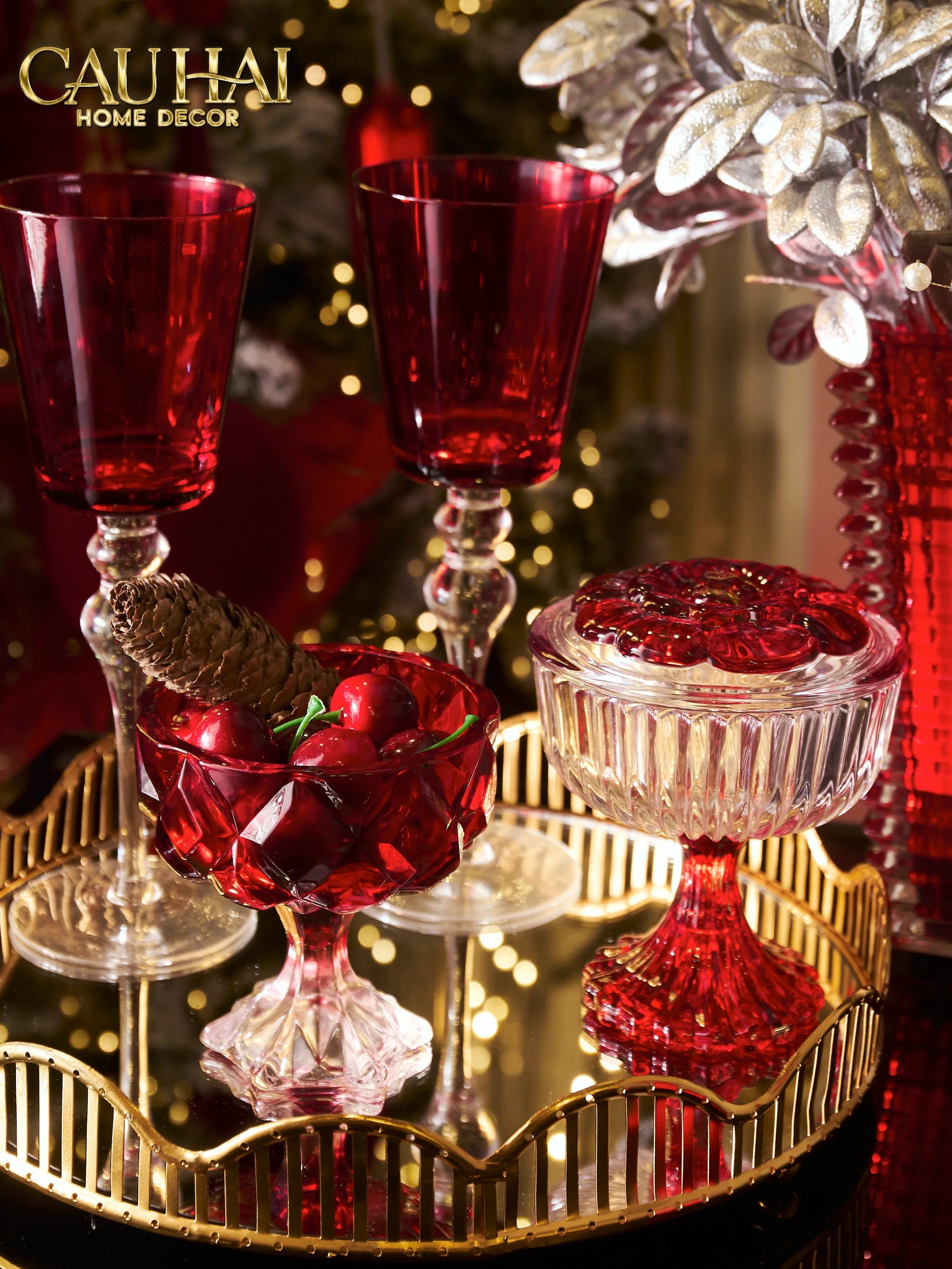 Lọ Kẹo Pha Lê Ruby Floral Jello Cristalleries Bonbonnière 11x15 285ml-Lọ kẹo Canister Bonbonnière-CẬU HAI HOME DECOR