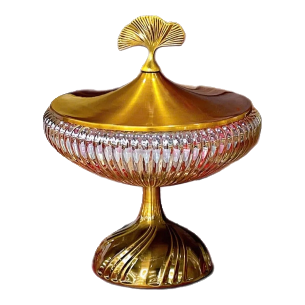 Lọ Kẹo Thuỷ Tinh Chân Cao Golden Ginkgo Candy Bonbonnière 21x22.5-Lọ kẹo Canister Bonbonnière-Đối tác tại Trung Quốc theo từng đơn đặt hàng-CẬU HAI HOME DECOR