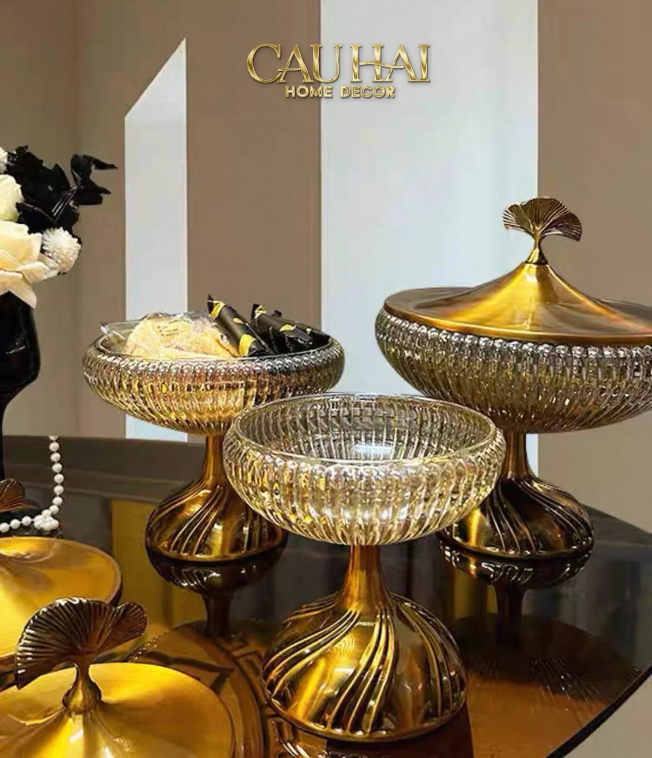 Lọ Kẹo Thuỷ Tinh Chân Cao Golden Ginkgo Candy Bonbonnière 21x22.5-Lọ kẹo Canister Bonbonnière-CẬU HAI HOME DECOR