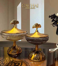 Lọ Kẹo Thuỷ Tinh Chân Cao Golden Ginkgo Candy Bonbonnière 21x22.5-Lọ kẹo Canister Bonbonnière-CẬU HAI HOME DECOR