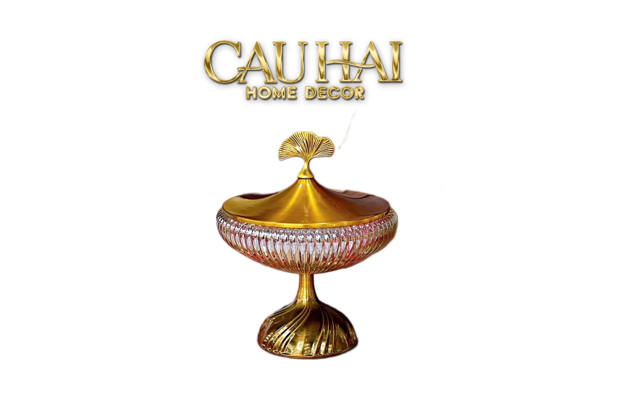 Lọ Kẹo Thuỷ Tinh Chân Cao Golden Ginkgo Candy Bonbonnière 21x22.5-Lọ kẹo Canister Bonbonnière-CẬU HAI HOME DECOR