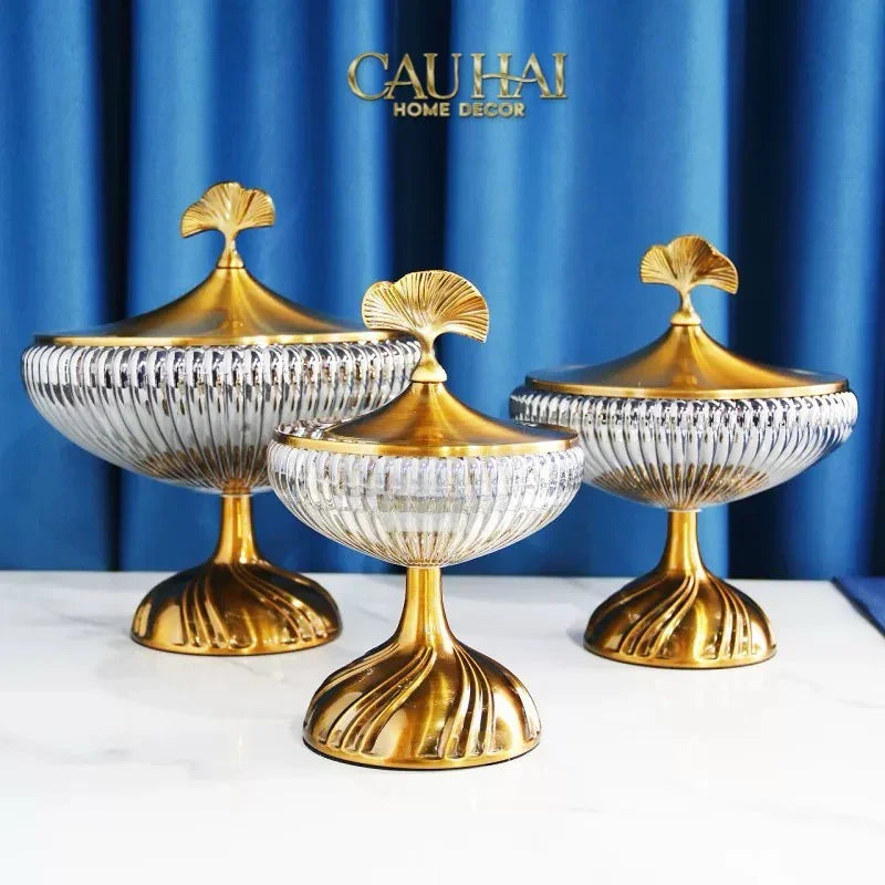 Lọ Kẹo Thuỷ Tinh Chân Cao Golden Ginkgo Candy Bonbonnière 21x22.5-Lọ kẹo Canister Bonbonnière-Đối tác tại Trung Quốc theo từng đơn đặt hàng-CẬU HAI HOME DECOR