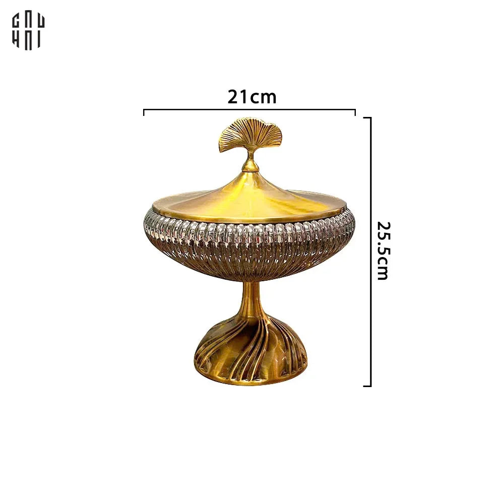 Lọ Kẹo Thuỷ Tinh Chân Cao Golden Ginkgo Candy Bonbonnière 21x22.5-Lọ kẹo Canister Bonbonnière-Đối tác tại Trung Quốc theo từng đơn đặt hàng-CẬU HAI HOME DECOR