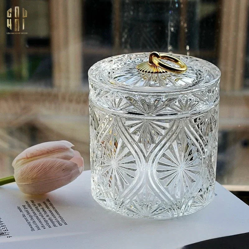 Lọ Kẹo Thuỷ Tinh Diamond Floral Cristalleries - Golden Shell Bonbonnière-Lọ kẹo Canister Bonbonnière-CẬU HAI HOME DECOR