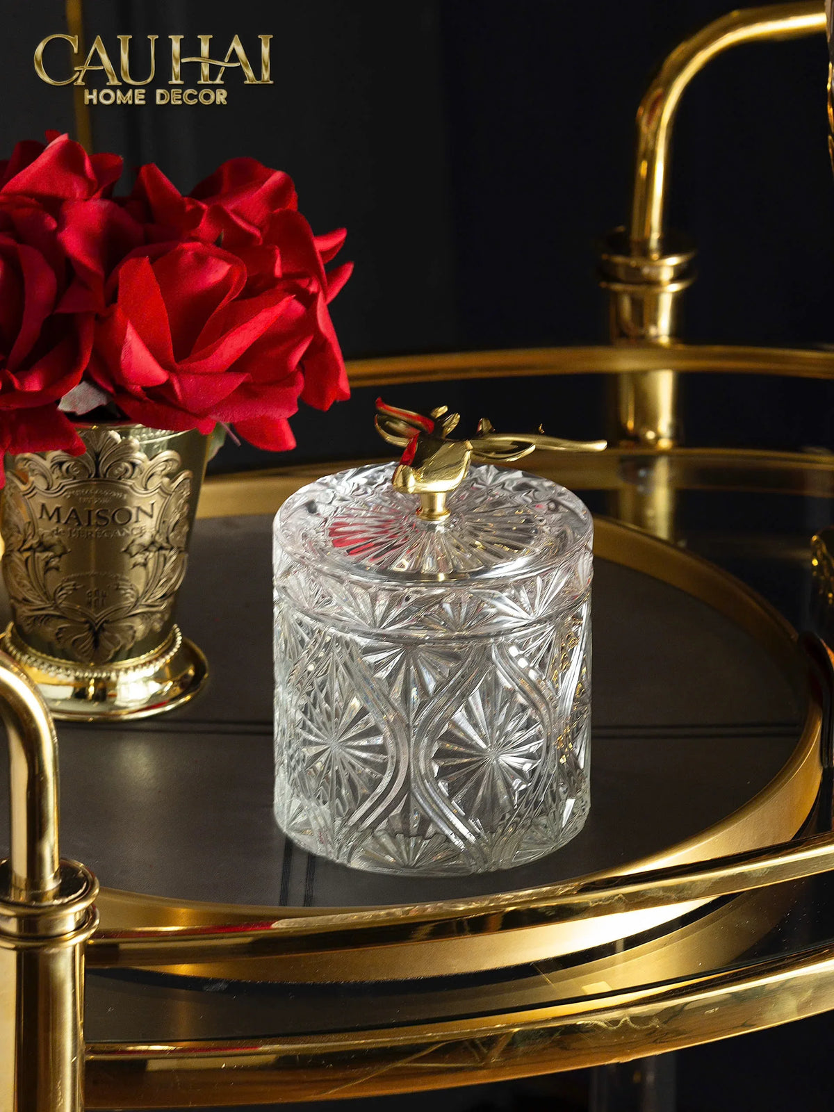 Lọ Kẹo Thuỷ Tinh Diamond Floral Cristalleries - Golden Shell Bonbonnière-Lọ kẹo Canister Bonbonnière-Đối tác tại Trung Quốc theo từng đơn đặt hàng-CẬU HAI HOME DECOR