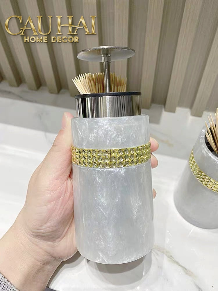 Lọ Tăm Khảm Xà Cừ Resin Cygne Nacre D'Or Toothpick Holder 6x12-Lọ Tăm bông - Bathroom Vanity-CẬU HAI HOME DECOR-CẬU HAI HOME DECOR
