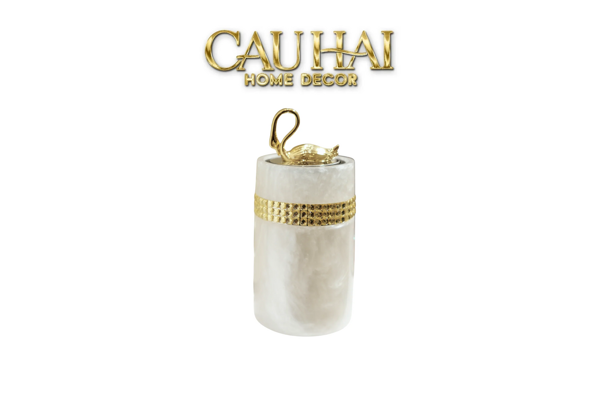 Lọ Tăm Khảm Xà Cừ Resin Cygne Nacre D'Or Toothpick Holder 6x12-Lọ Tăm bông - Bathroom Vanity-CẬU HAI HOME DECOR-CẬU HAI HOME DECOR