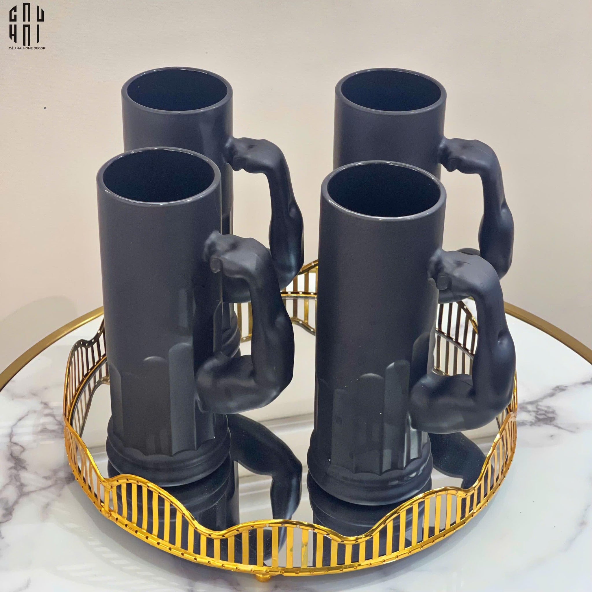 Ly Bia Thuỷ Tinh Đen Mờ - Black Hercules Arm 13x21 600Ml-CẬU HAI HOME DECOR