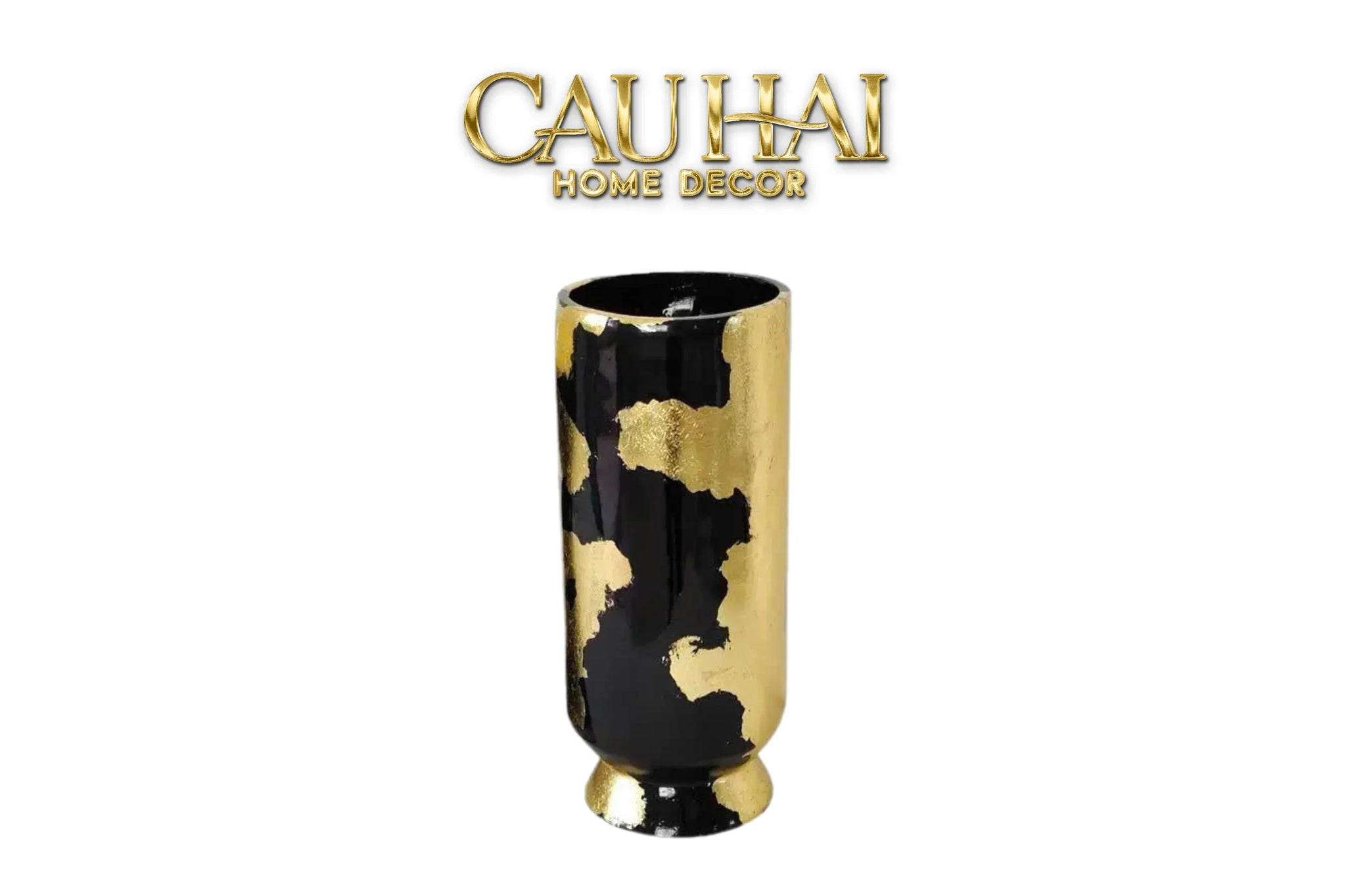 Maison Couture - Bình Hoa Gốm Mun Mài Dát Vàng Noir Laqué Feuille d’Or Vase 34-BÌNH HOA-CẬU HAI HOME DECOR