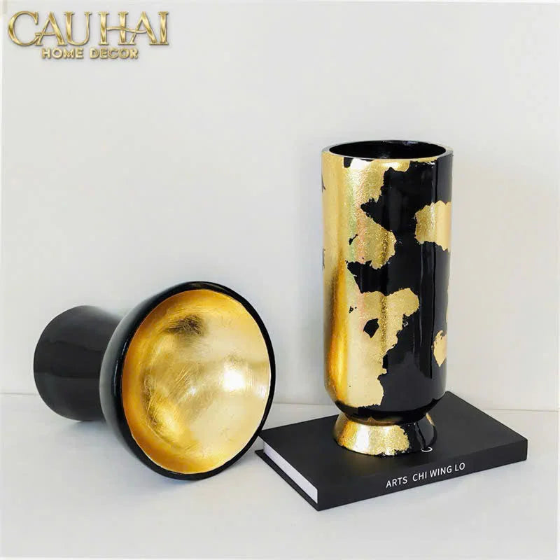 Maison Couture - Bình Hoa Gốm Mun Mài Dát Vàng Noir Laqué Feuille d’Or Vase 34-BÌNH HOA-CẬU HAI HOME DECOR
