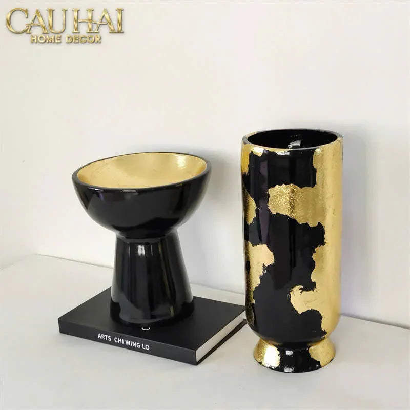 Maison Couture - Bình Hoa Gốm Mun Mài Dát Vàng Noir Laqué Feuille d’Or Vase 34-BÌNH HOA-CẬU HAI HOME DECOR