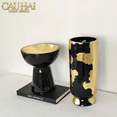 Maison Couture - Bình Hoa Gốm Mun Mài Dát Vàng Noir Laqué Feuille d’Or Vase 34-BÌNH HOA-CẬU HAI HOME DECOR