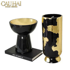 Maison Couture - Bình Hoa Gốm Mun Mài Dát Vàng Noir Laqué Feuille d’Or Vase 34-BÌNH HOA-CẬU HAI HOME DECOR