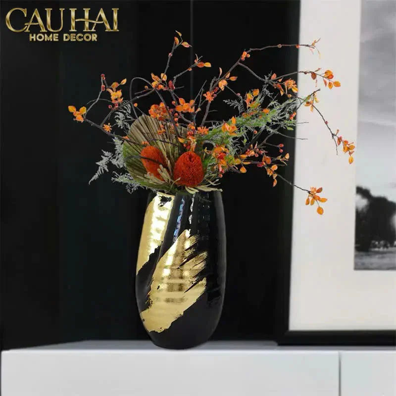 Maison Couture - Bình Hoa Gốm Mun Mài Dát Vàng Noir Laqué Feuille d’Or Vase 34-BÌNH HOA-CẬU HAI HOME DECOR