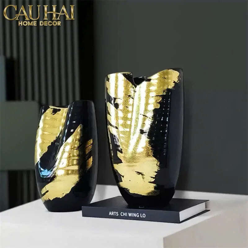 Maison Couture - Bình Hoa Gốm Mun Mài Dát Vàng Noir Laqué Feuille d’Or Vase 34-BÌNH HOA-CẬU HAI HOME DECOR