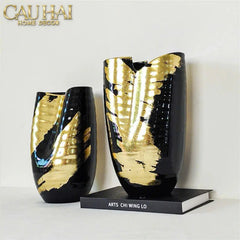 Maison Couture - Bình Hoa Gốm Mun Mài Dát Vàng Noir Laqué Feuille d’Or Vase 34-BÌNH HOA-CẬU HAI HOME DECOR