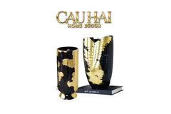Maison Couture - Bình Hoa Gốm Mun Mài Dát Vàng Noir Laqué Feuille d’Or Vase 34-BÌNH HOA-CẬU HAI HOME DECOR