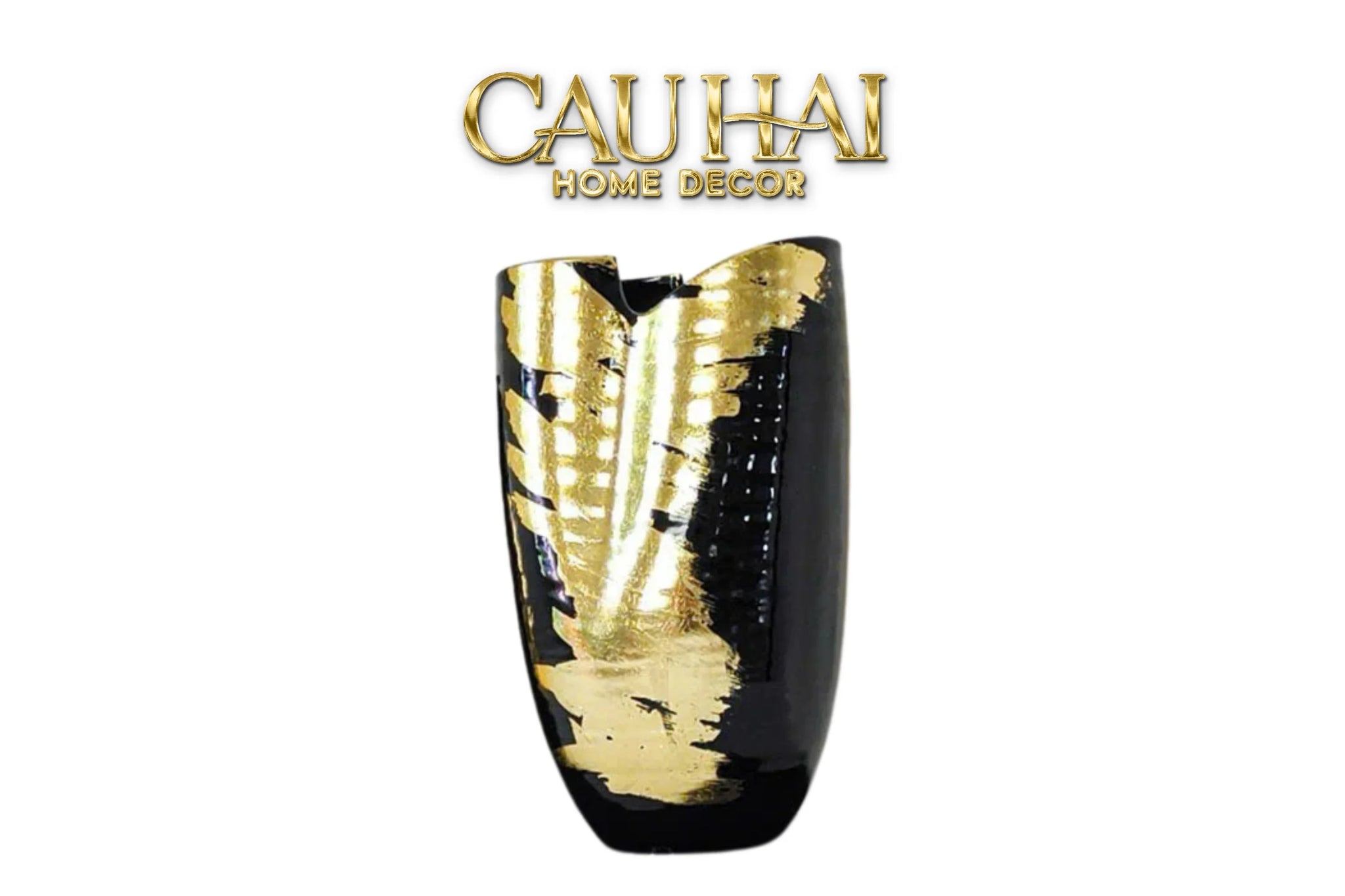 Maison Couture - Bình Hoa Gốm Mun Mài Dát Vàng Noir Laqué Feuille d’Or Vase 34-BÌNH HOA-CẬU HAI HOME DECOR