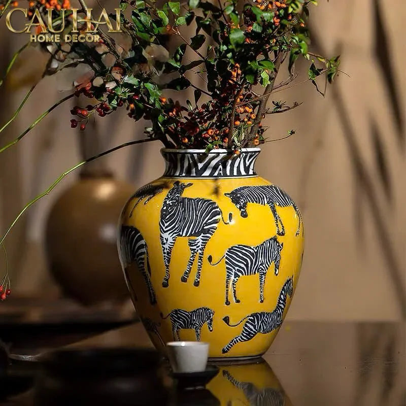 Maison Couture - Bình Hoa Gốm Sứ Hand-Painted Zebra Saffron Gold Artisan Vases-BÌNH HOA-CẬU HAI HOME DECOR