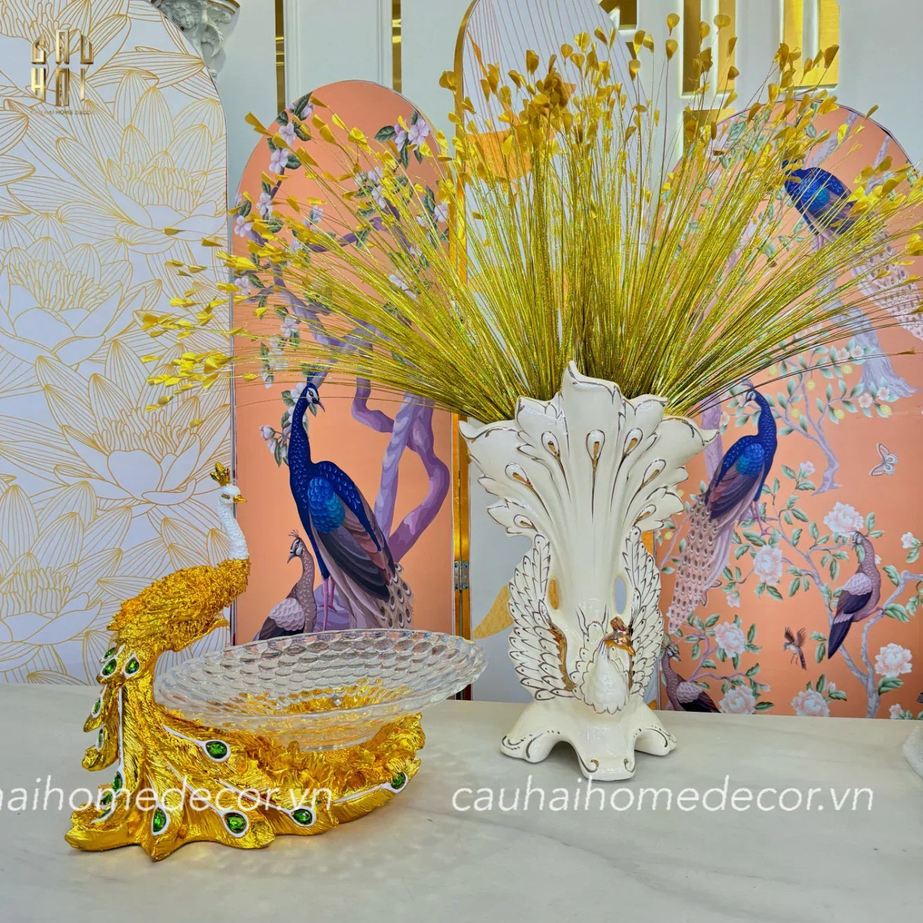 Maison Couture - Bình Hoa Khổng Tước Sứ Ngọc Cao Cấp Impérial Paon Empress Fan 33x48-BÌNH HOA-CẬU HAI HOME DECOR