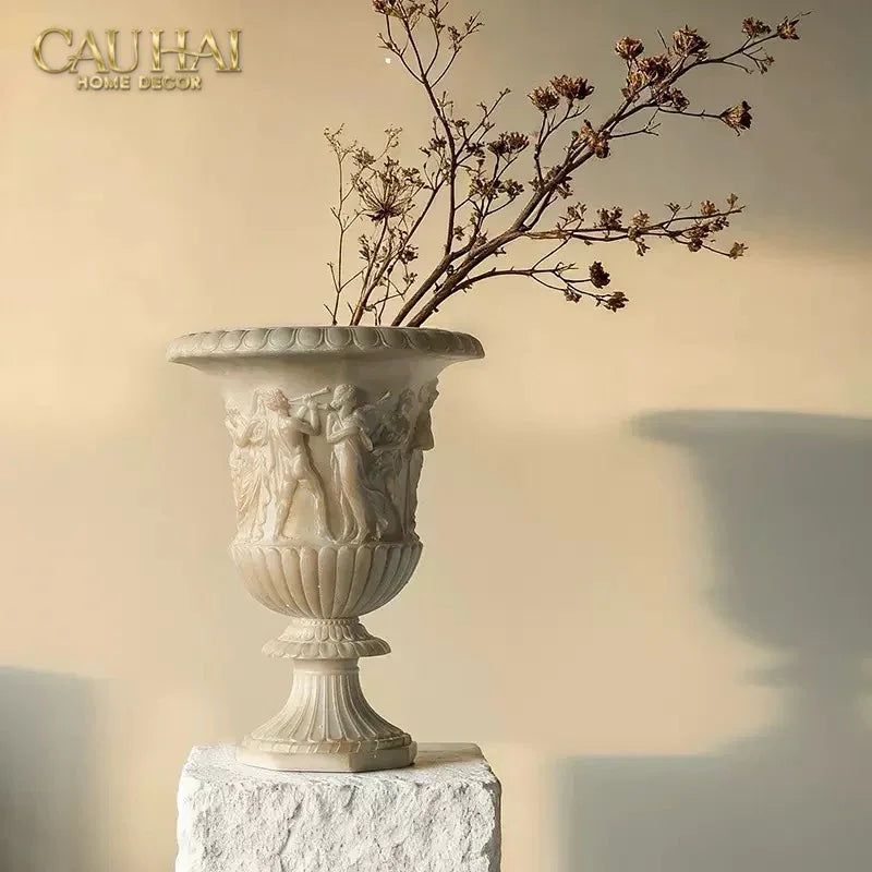 Maison Couture - Bình Hoa Phù Điêu Đá Sa Thạch Giả Ngọc - Amphora Des Dieux Dionysien - Patrimoine H47xM35-BÌNH HOA-CẬU HAI HOME DECOR