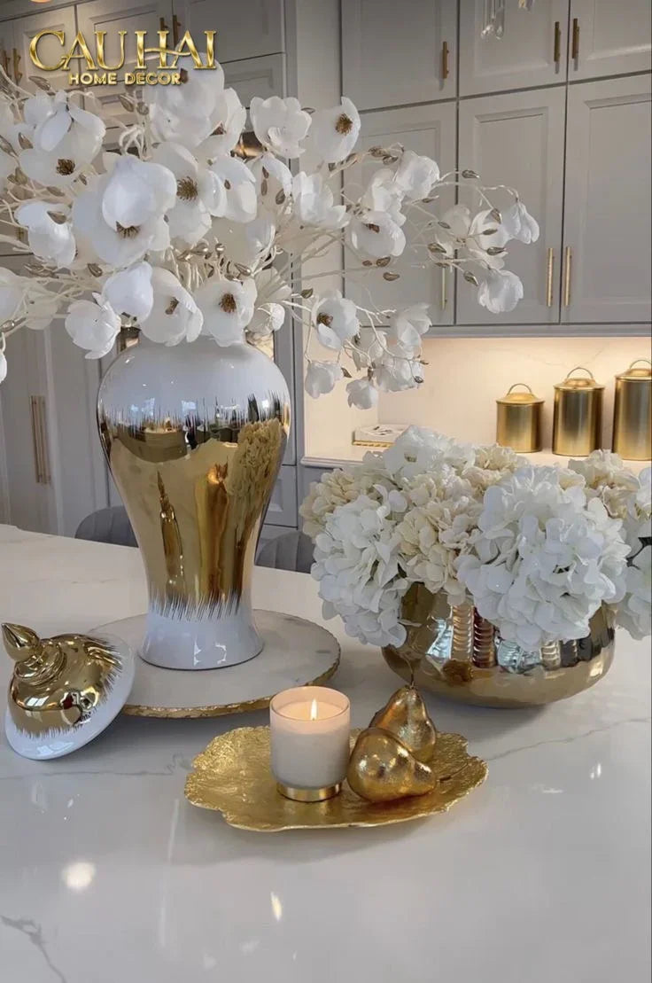 Maison Couture - Bình Hoa Sứ Trắng Mạ Vàng - La Dune Dorée 35x17x17-BÌNH HOA-CẬU HAI HOME DECOR-CẬU HAI HOME DECOR