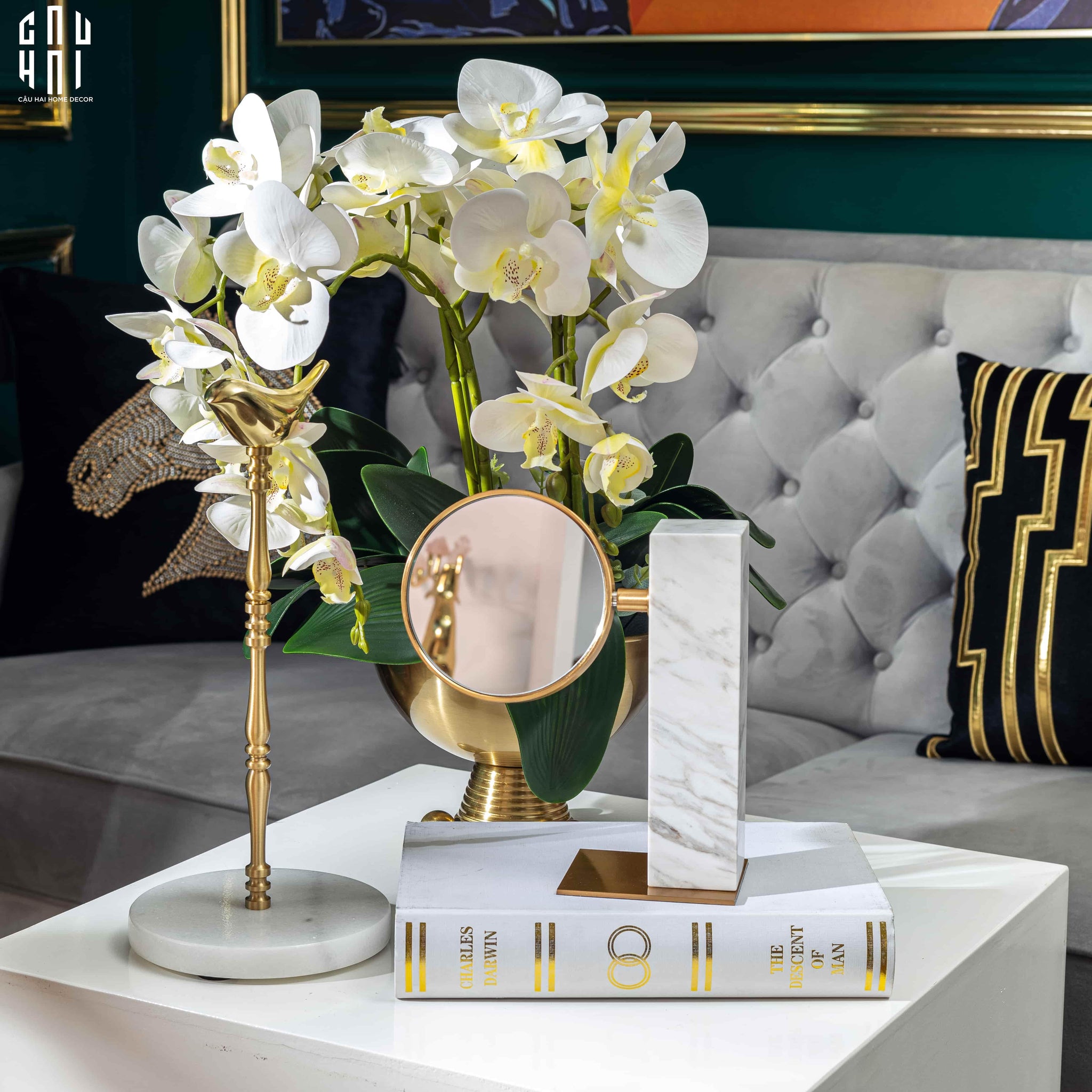 Maison Couture - Đế Giấy Lau Bếp / Giấy Ăn Bằng Đồng Đá Marble Finial Bird Paper Towel Stand 15x34-Paper Towel Stand-CẬU HAI HOME DECOR