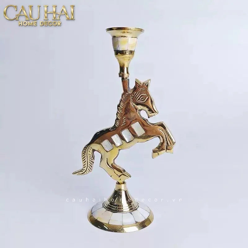 Maison Couture - Đế Nến Ngựa Đồng Khảm Trai Đế Pha Lê Vàng - Mahogany Cheval Majesté Candle Holders 11x21-ĐÈN TRANG TRÍ-CẬU HAI HOME DECOR
